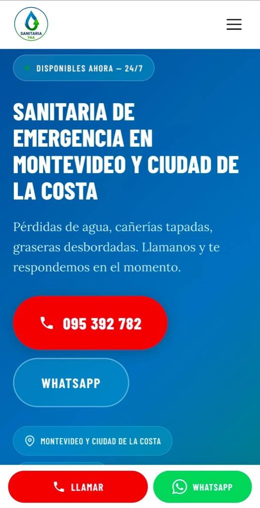Captura de la página de Sanitaria Yaa en celular, con el contacto de urgencia visible